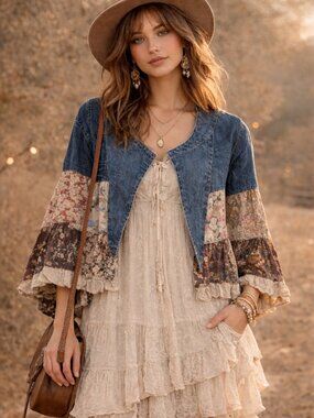 Young Threads Boho Patchwork Denim Jacket | Floral Ruffle Sleeve Cropped Cotton